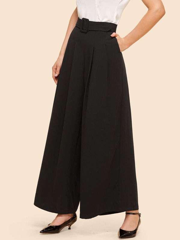 

Pleated Super Wide Leg Pants with Buckle Belt, Black, Julie H.