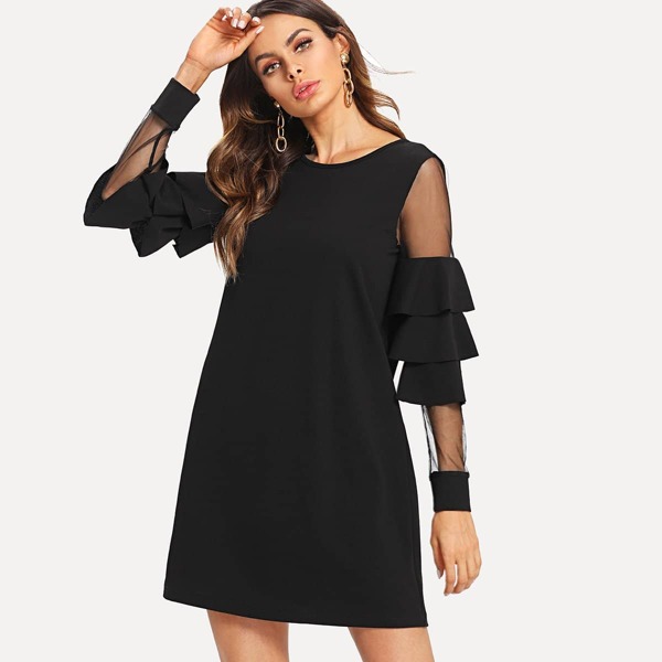 

Tiered Flounce Mesh Panel Sleeve Dress, Black