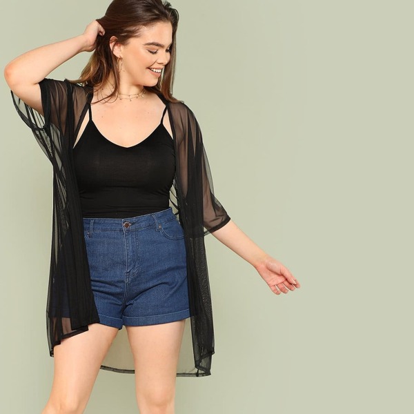 

Plus See Through Mesh Longline Kimono, Black