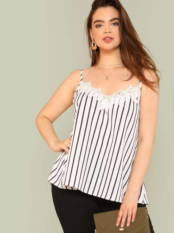 

Plus Lace Insert Striped Cami Top, Black and white, Faith Bowman
