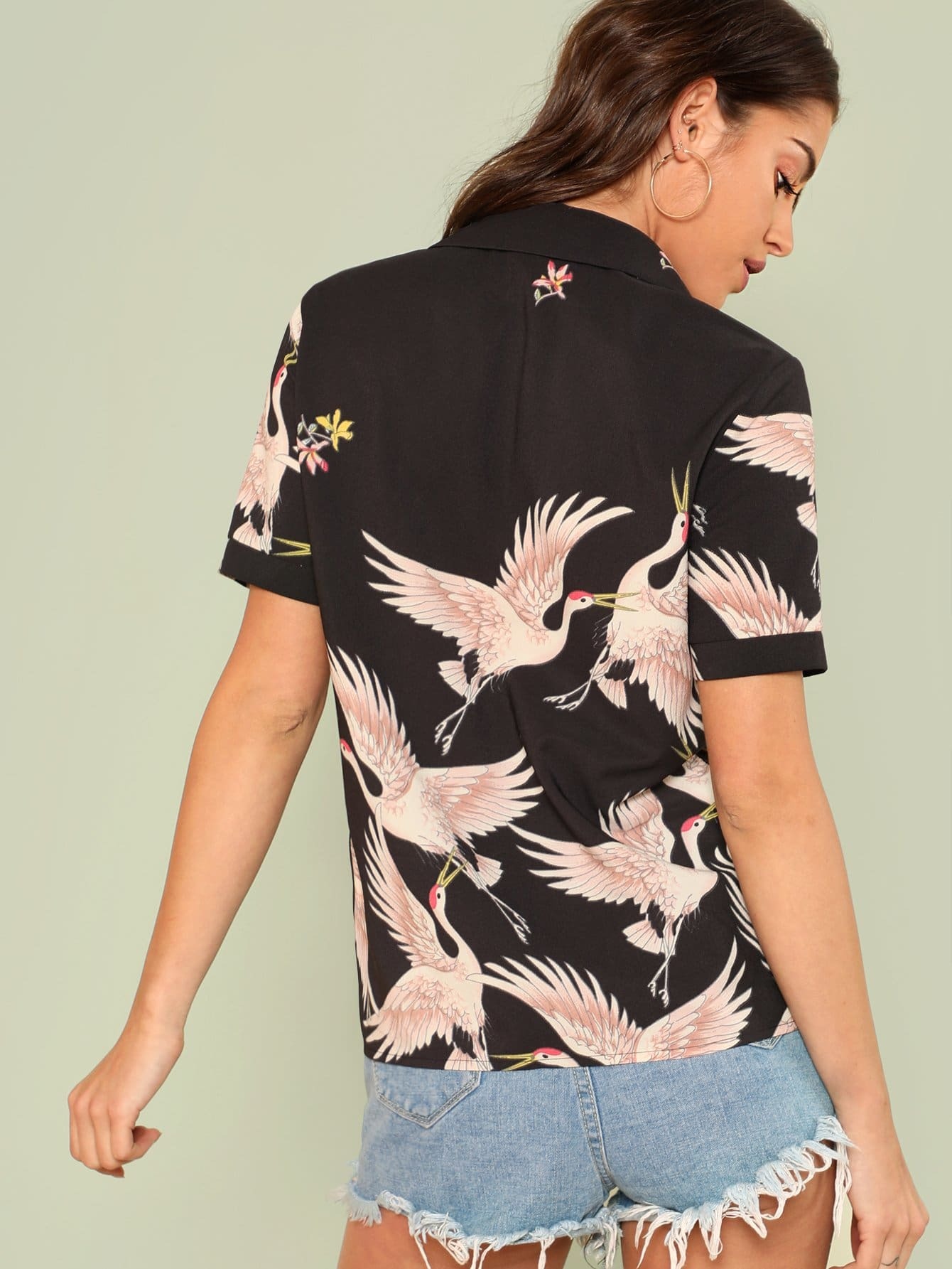 red-crowned crane print shirt