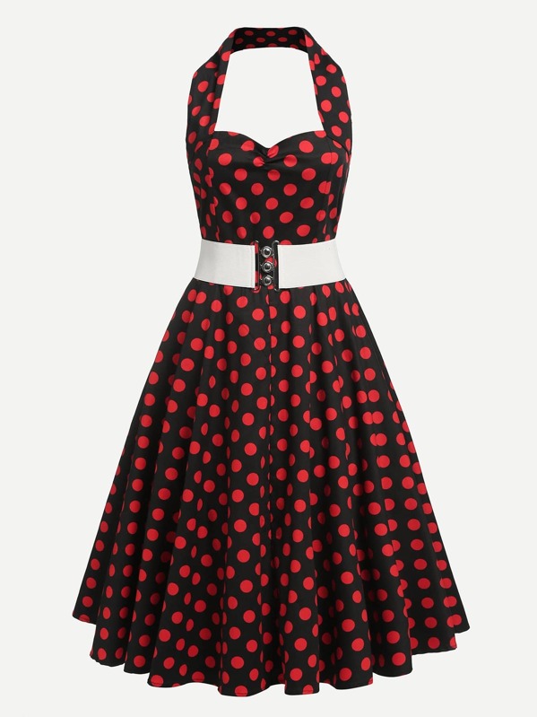 

Polka Dot Belted Halter Dress, Black