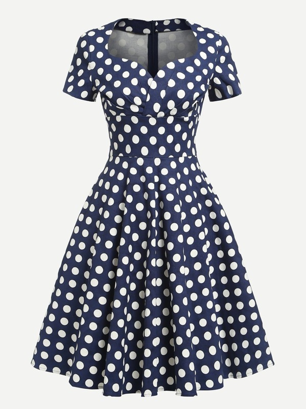 

Sweetheart Neckline Polka Dot Dress, Navy