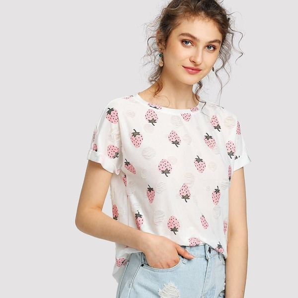 

Strawberry Print Cuffed Sleeve Ripped T-shirt, White