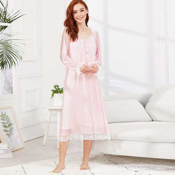 

Lace Trim Mesh Overlay Dress, Pink