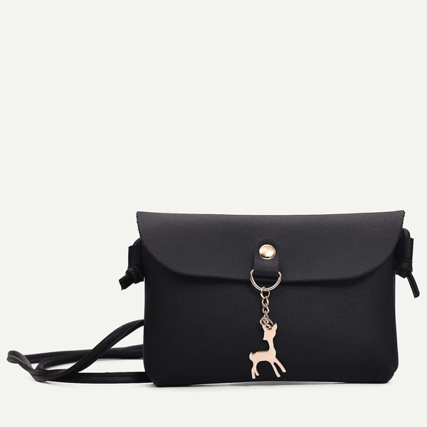 

Deer Charm Flap Crossbody Bag, Black