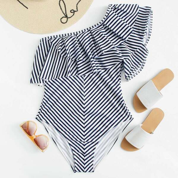 

Plus One Shoulder Ruffle Striped One Piece Swimsuit, Blue