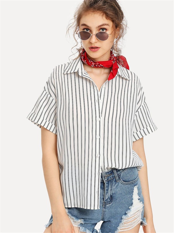 

Roll Up Sleeve Striped Shirt, Black and white, Karina S