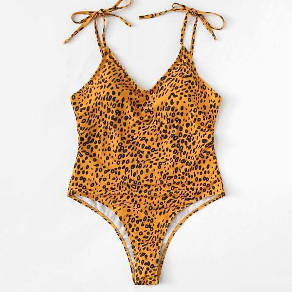 

Self Tie Low Back Leopard One Piece Swimsuit, Multicolor