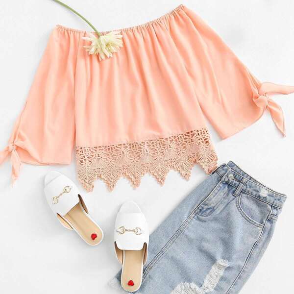 

Off Shoulder Lace Hem Knot Sleeve Top