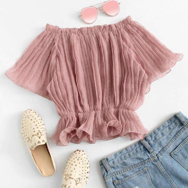 Swiss Dot Pleated Ruffle Bardot Top