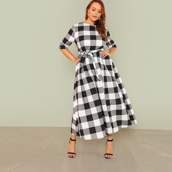 

Plus Self Belted Gingham Dress