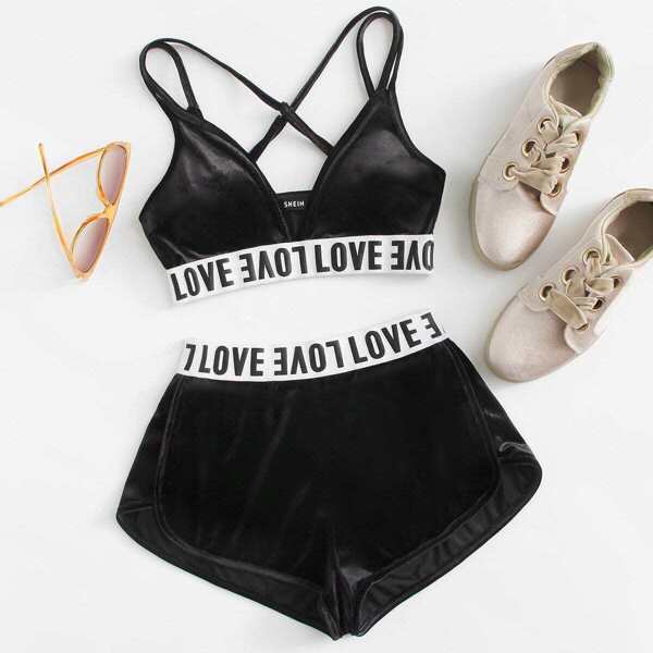 

Letter Print Crisscross Velvet Bra With Shorts Set