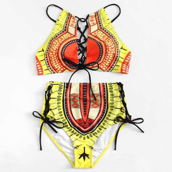

Plus Criss Cross Top With Lace Up Bikini Set, Multicolor