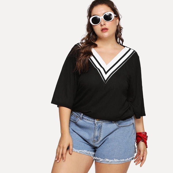 

Plus V Neckline Contrast Stripe Tee, Black