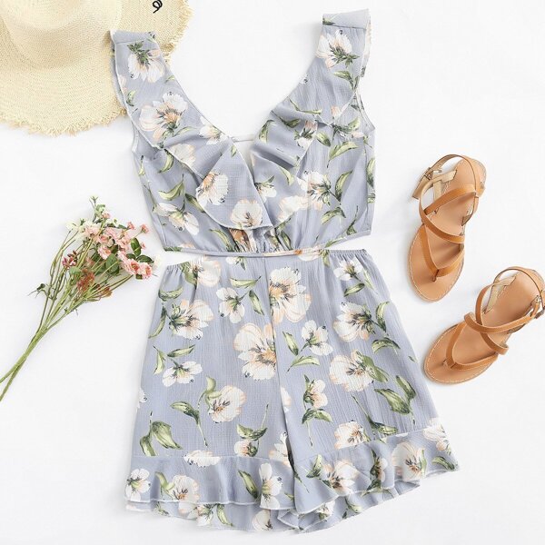 

Ruffle Trim Cut Out Waist Romper