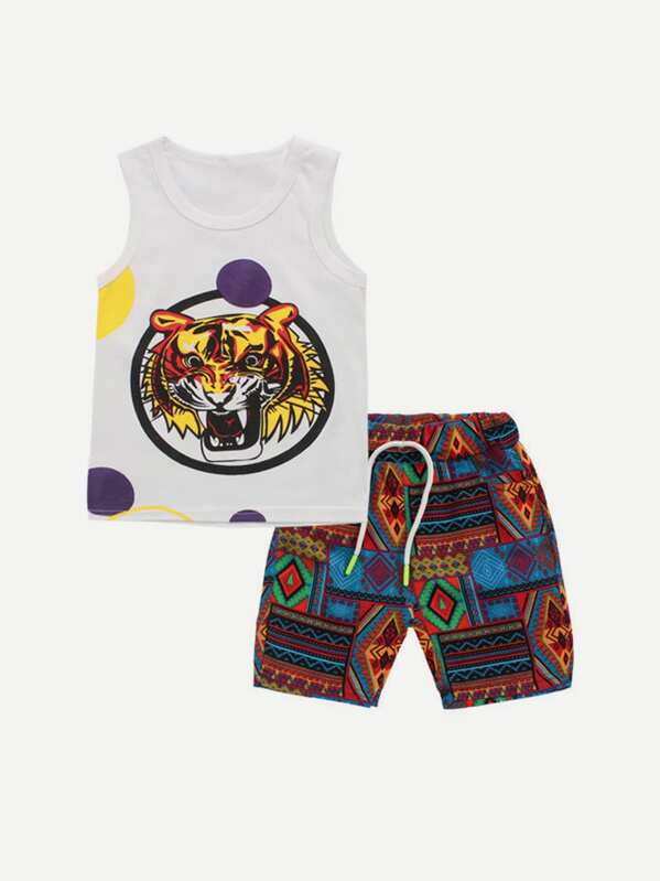 

Toddler Boys Tiger Print Vest With Ornate Print Drawstring Shorts, Multicolor