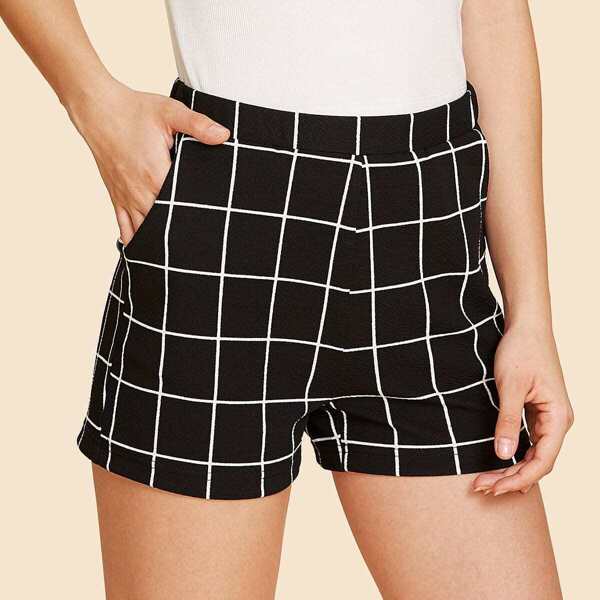 

Elastic Waist Grid Shorts, Black and white