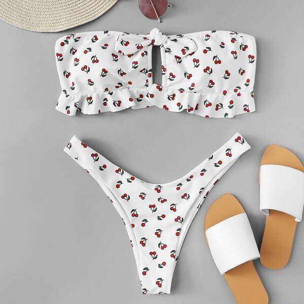 

Cherry Print Knot Front Frill Bandeau With High-cut Bikini