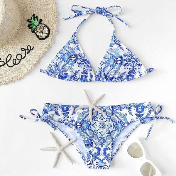 

Porcelain Print Halter Top With Tie Side Bikini