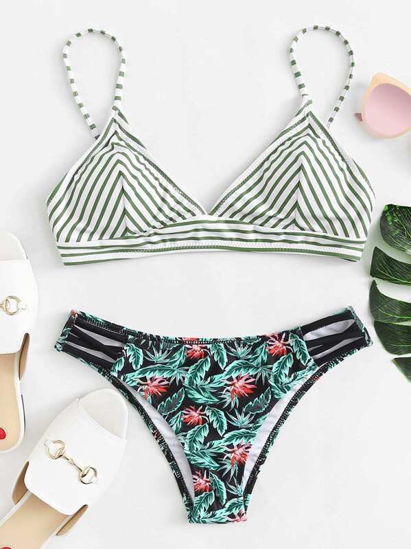 

Tropical Print Chevron Bikini Set, Multicolor