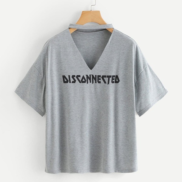

Letter Print Choker Neck Tee, Grey