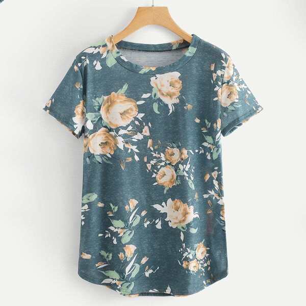 

Random Floral Print Curved Hem Tee, Multicolor