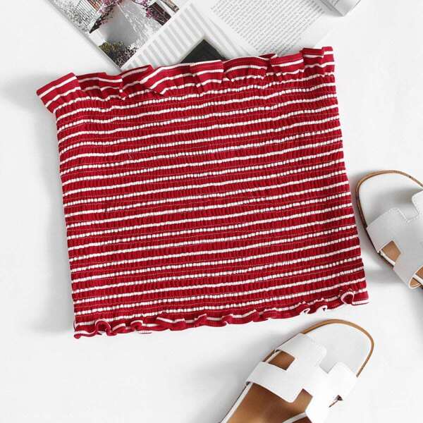 

Frill Trim Striped Tube Top, Multicolor