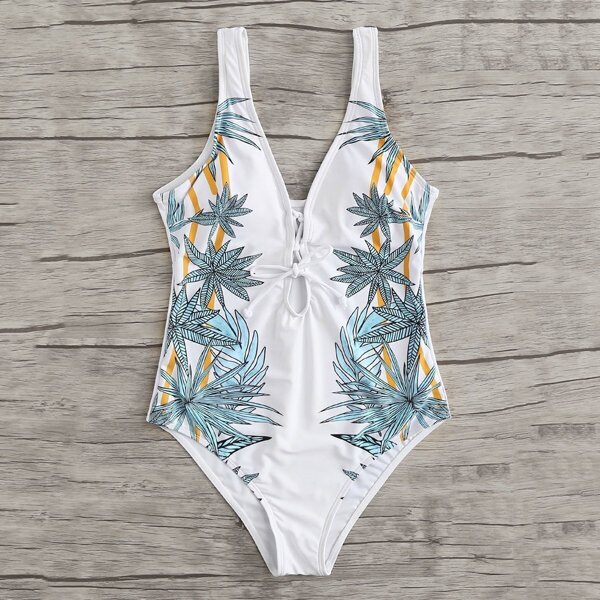 

Leaf Print Lace Up Swimsuit, Multicolor