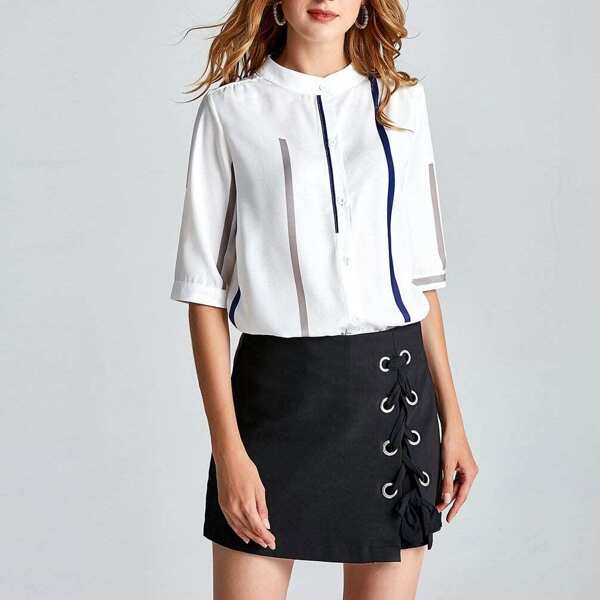 

Mock Neck Button Front Stripe Shirt, White