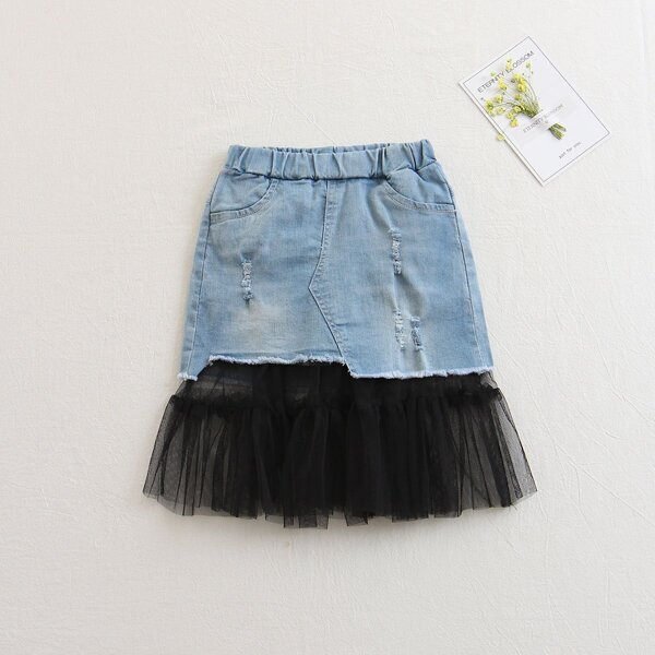 

Girls Contrast Mesh Hem Distressed Denim Skirt