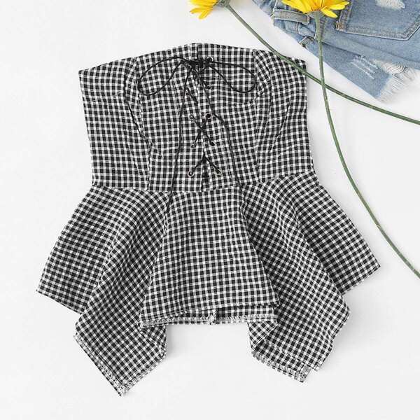 

Lace-up Gingham Bandeau Peplum Top