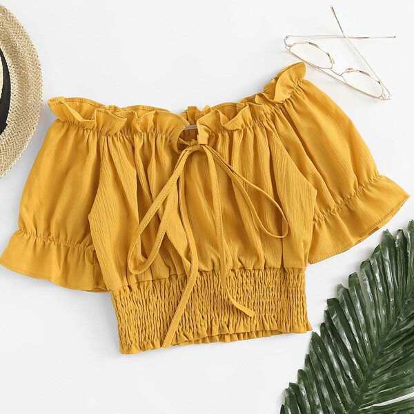 

Tie Front Frill Off Shoulder Shirred Crop Top, Yellow