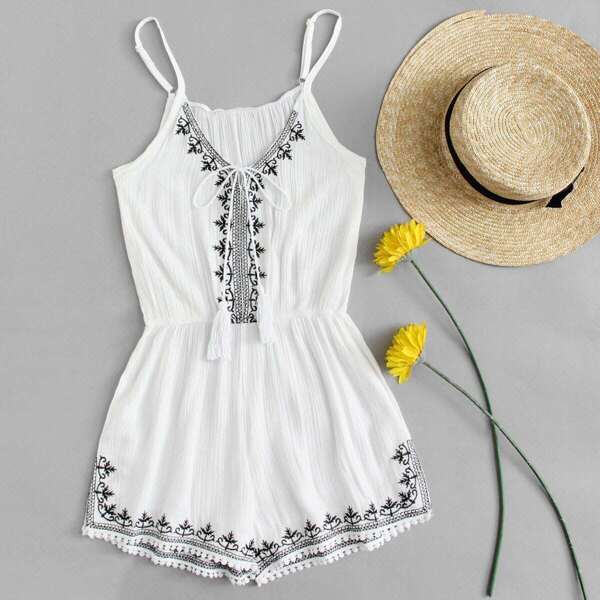 

Embroidered Trim Self Tie Cami Romper