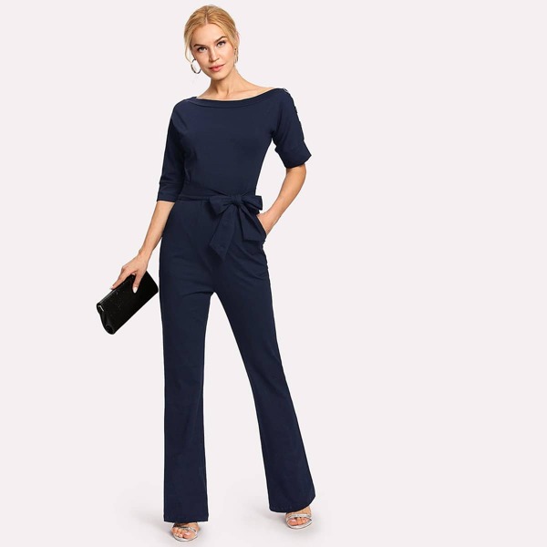 

Boat Neck Button Detail Jumpsuit With Belt