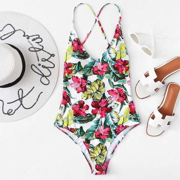 

Tropical Print Criss Cross Back One Piece Swimsuit, Multicolor