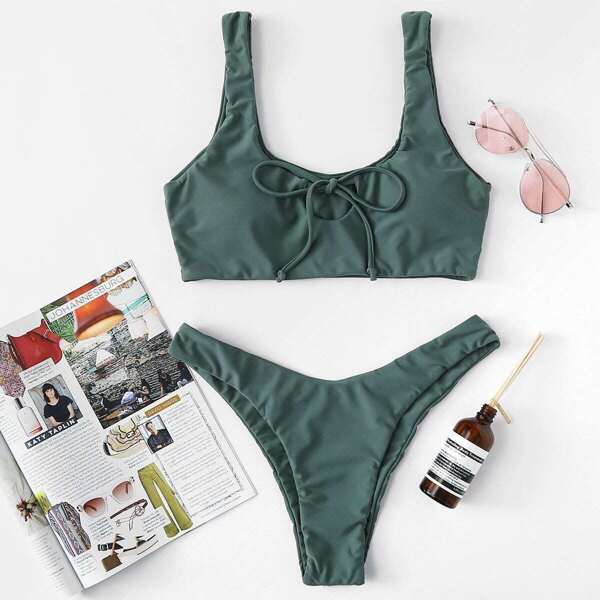

Cut Out Knot Front Bikini Set, Green