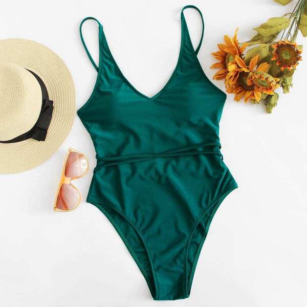 

Lace Up High Leg One Piece Swimsuit, Dark green