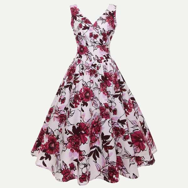

Deep V Neckline Floral Print Dress