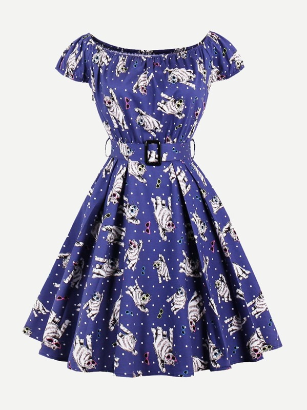 

Off Shoulder Cat Print Belted Dress, Multicolor
