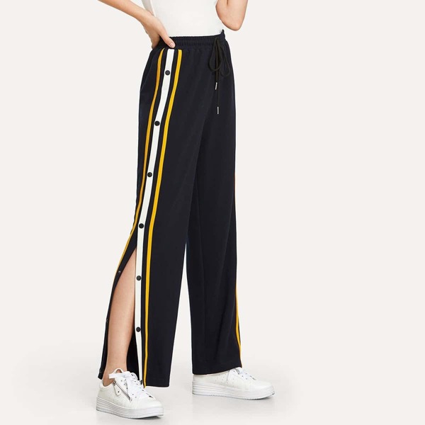 

Snap Button Stripe Side Wide Leg Pants, Black