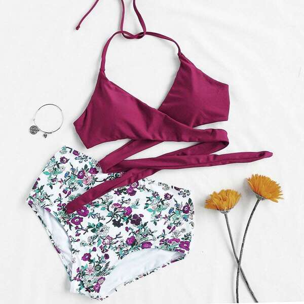 

Plus Cross Wrap Halter Top With Floral Bikini Set, Multicolor