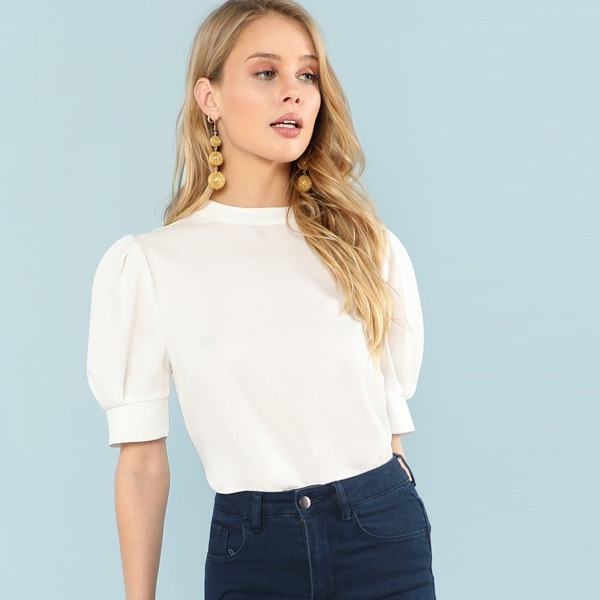 

Puff Sleeve Button Keyhole Top, White