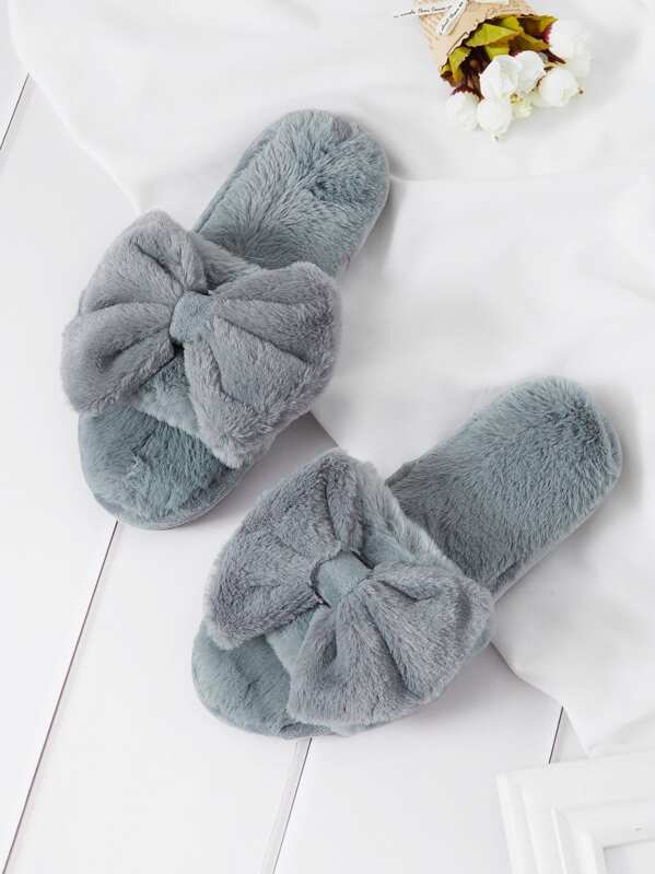 

Bow Detail Faux Fur Slippers, Grey