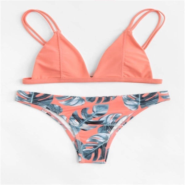 

Plus Double Straps Top With Palm Print Bikini Set, Multicolor