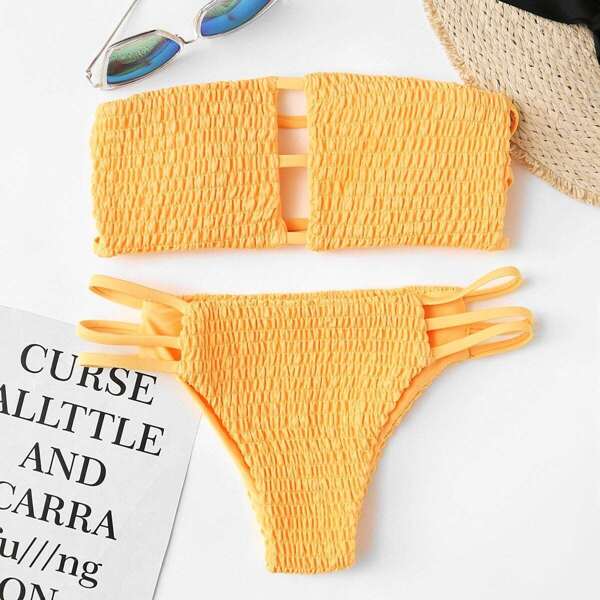

Shirred Bandeau With Ladder Cut Out Bikini Set