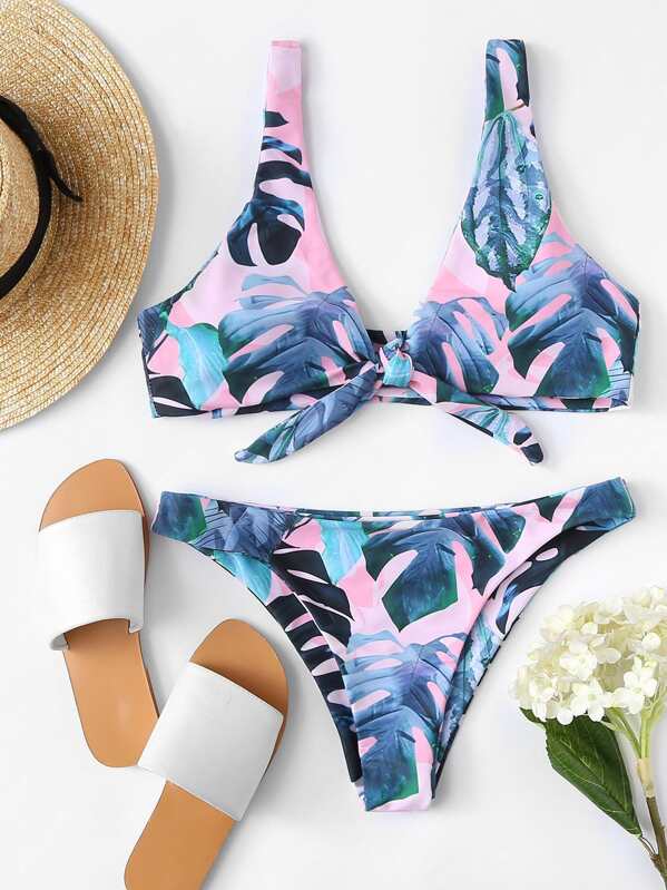 

Knot Front Tropical Bikini Set, Multicolor