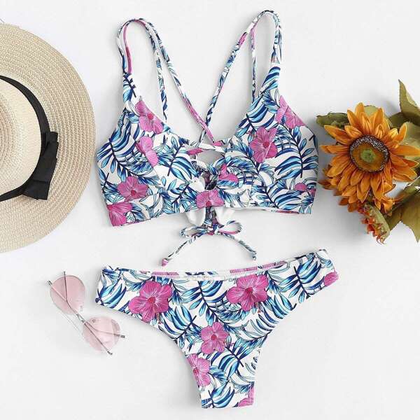 

Crisscross Front Floral Top With Bikini Set