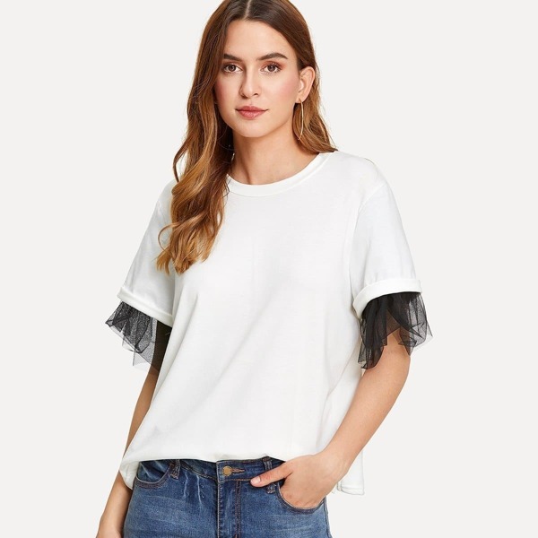 

Sheer Mesh Cuff Tee, White