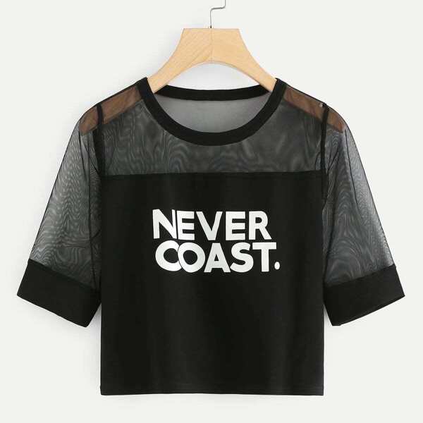 

Letter Print Sheer Mesh Panel Tee